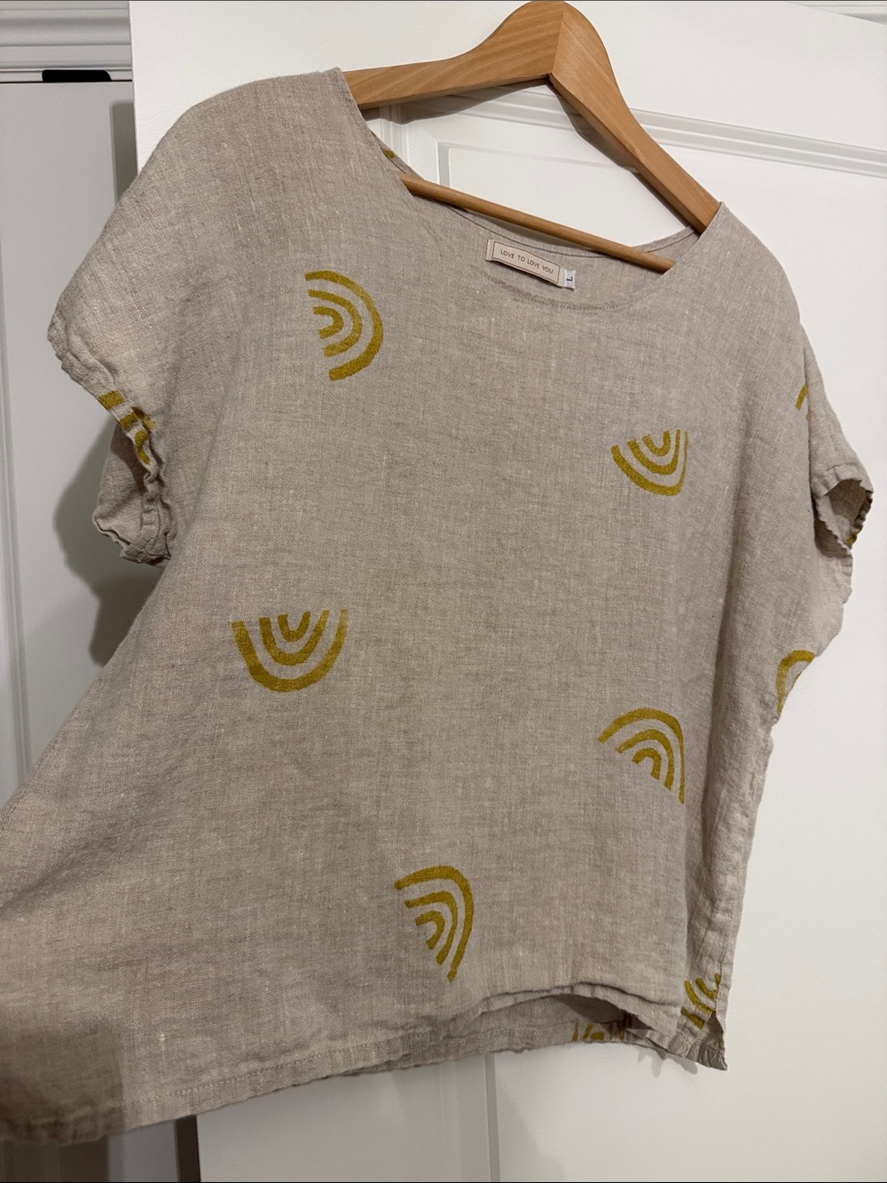 Love To Love You Linen Top Blouse with Hand Printed Rainbows Made in PDX L - Picture 5 of 5